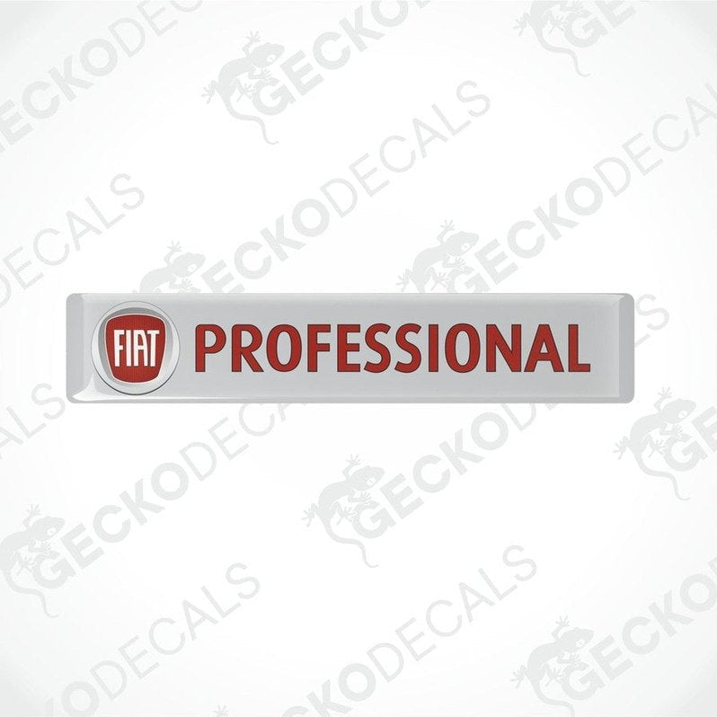 Rectangular vinyl decals with polyurethane coating, white background with 'FIAT PROFESSIONAL' text in red, intended for vehicle use.