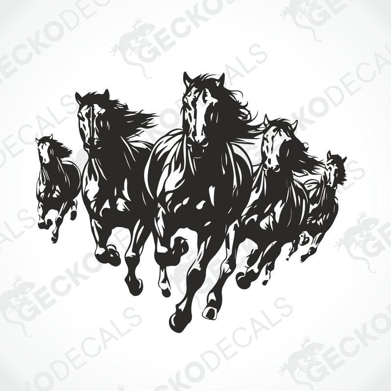 A black and white decal of five running horses.
