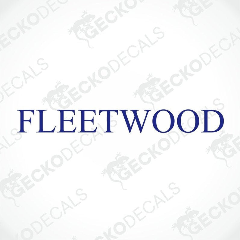 A die cut sticker with the text 'FLEETWOOD' on a white background, intended for use on vehicles such as caravans.