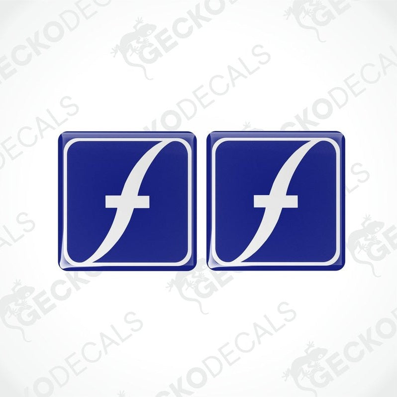 Two square-shaped blue, and white vinyl decals with a geometric design.