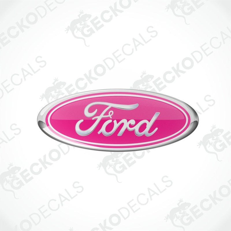 Pink oval-shaped Ford vehicle decals with white and silver text.