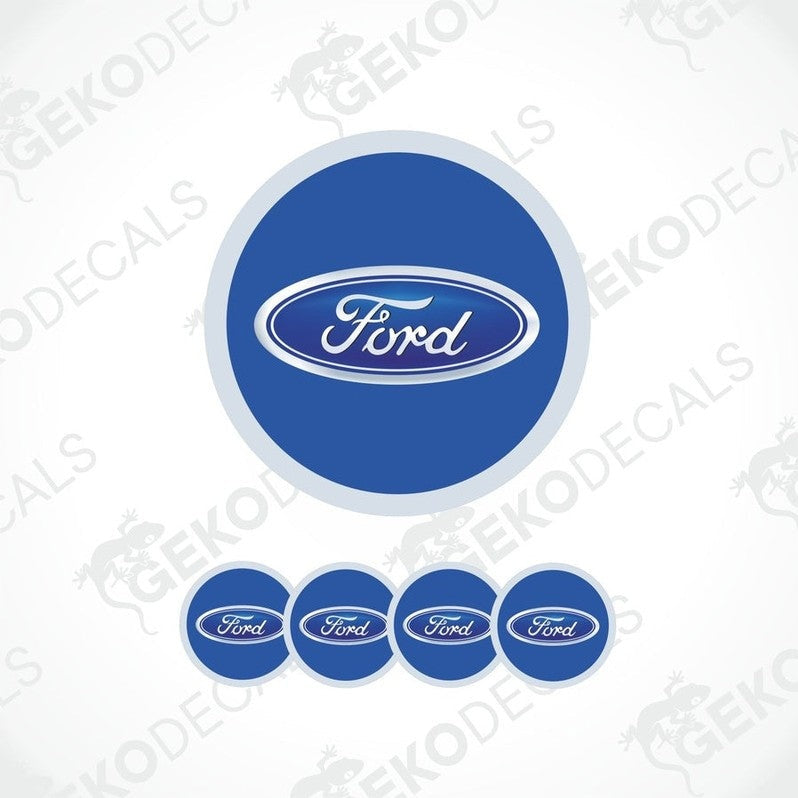 A set of blue vinyl decals with the Ford logo, including one large decal and four smaller ones.
