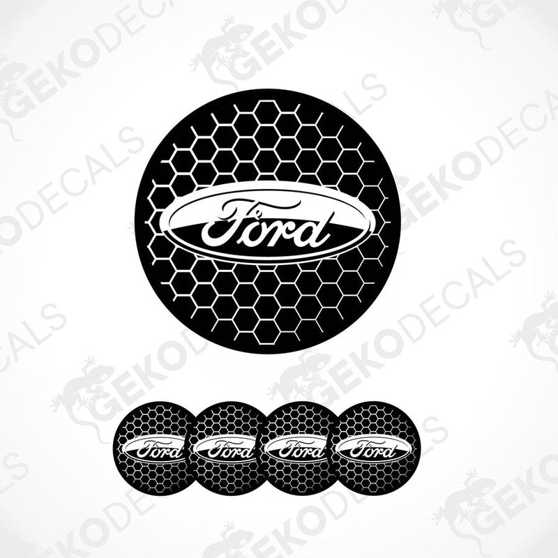 A set of four black vinyl stickers with the FORD brand logo, designed to be applied on car wheel caps.