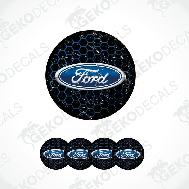 A set of four blue and black Ford branded vinyl decals with a geometric pattern.