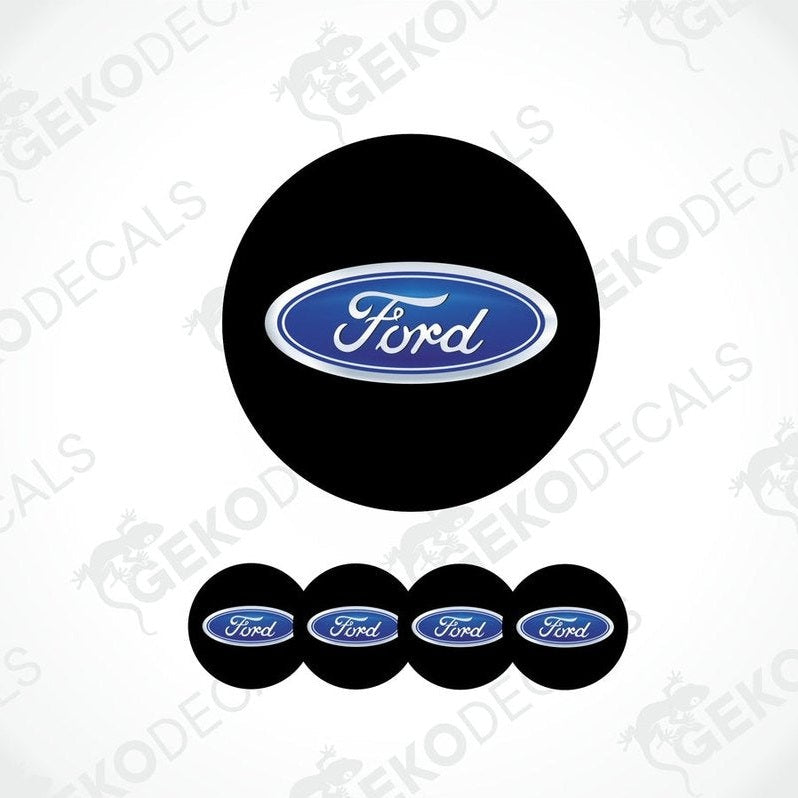 A set of four black vinyl decals with the Ford logo in blue.