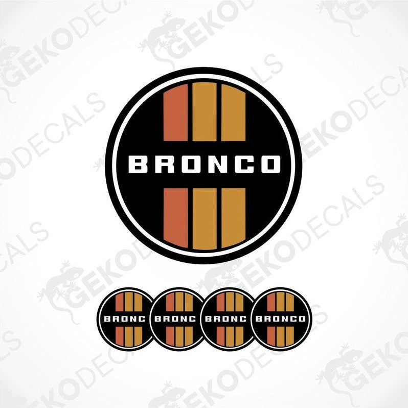 A set of four brown, orange, black, and white geometric patterned vinyl stickers with the word 'BRONCO' on them.