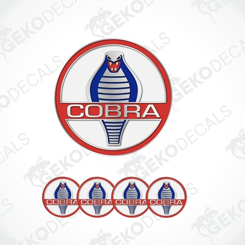 A set of vinyl decals for a car, featuring the Cobra logo with red, white, and blue colors.