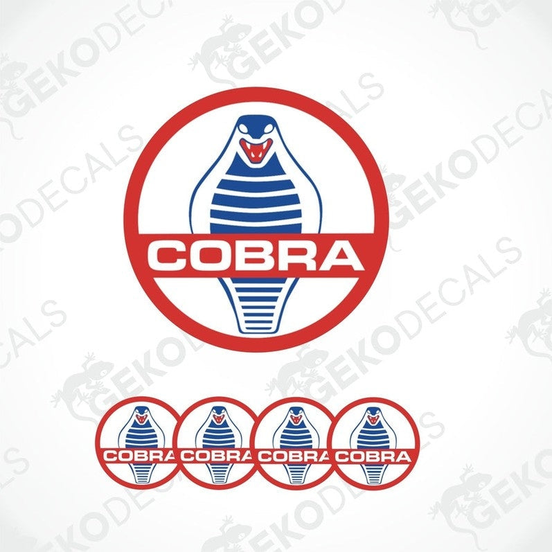 A set of four vinyl decals with a polyurethane coating featuring the Cobra logo in red and blue on a white background.