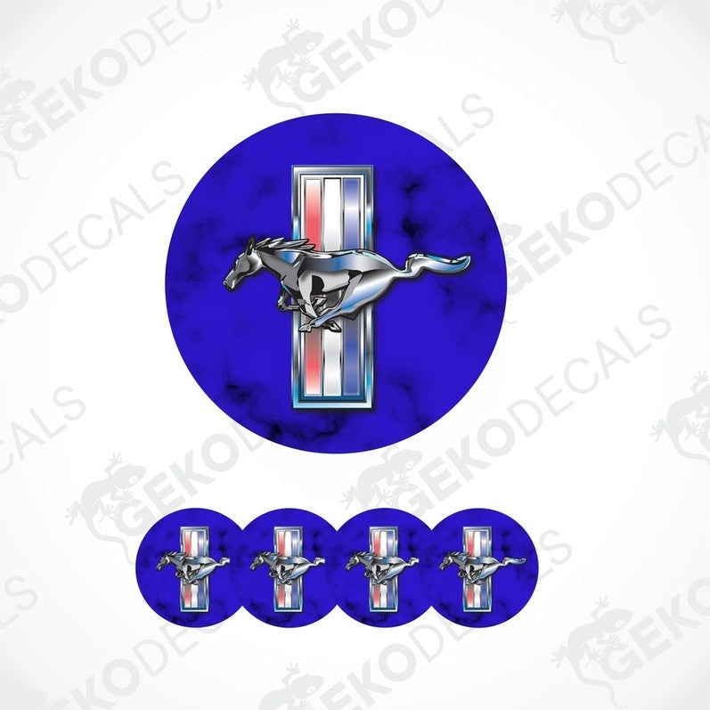 A set of five vinyl decals, four with the Ford Mustang logo on a blue background and one with the logo on a white background.