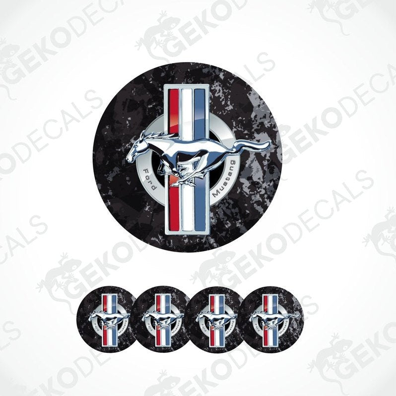 A set of four vinyl decals with polyurethane coating, featuring the Ford Mustang logo, designed for use on vehicles.