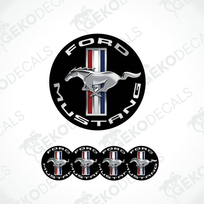 Set of four Ford Mustang branded vinyl decals with a polyurethane coating, featuring the iconic mustang horse logo.