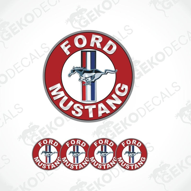 A set of four red and white Ford Mustang emblem stickers with a polyurethane coating.