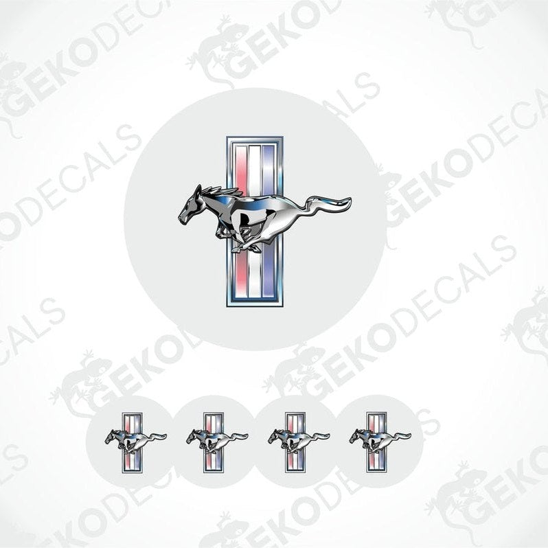 A set of four round vinyl stickers with a depiction of a horse (a Mustang) in a geometric pattern on a white background, accompanied by the text 'GeckoDecals'.