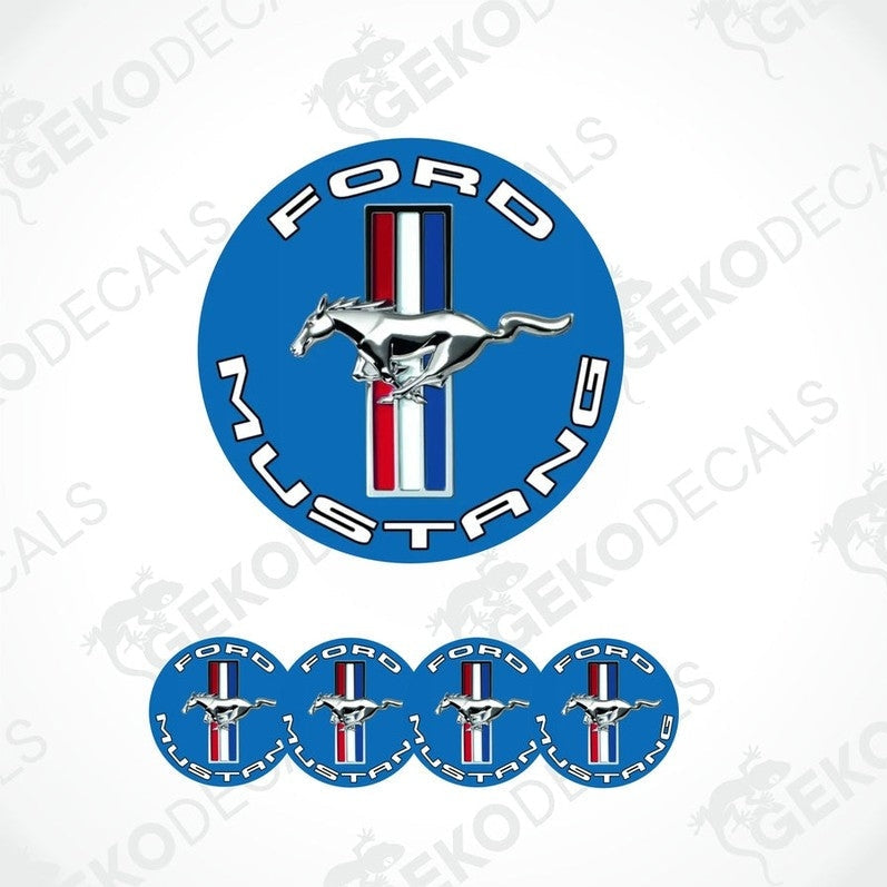 A set of four blue vinyl stickers with a horse and the text 'FORD MUSTANG' on them.