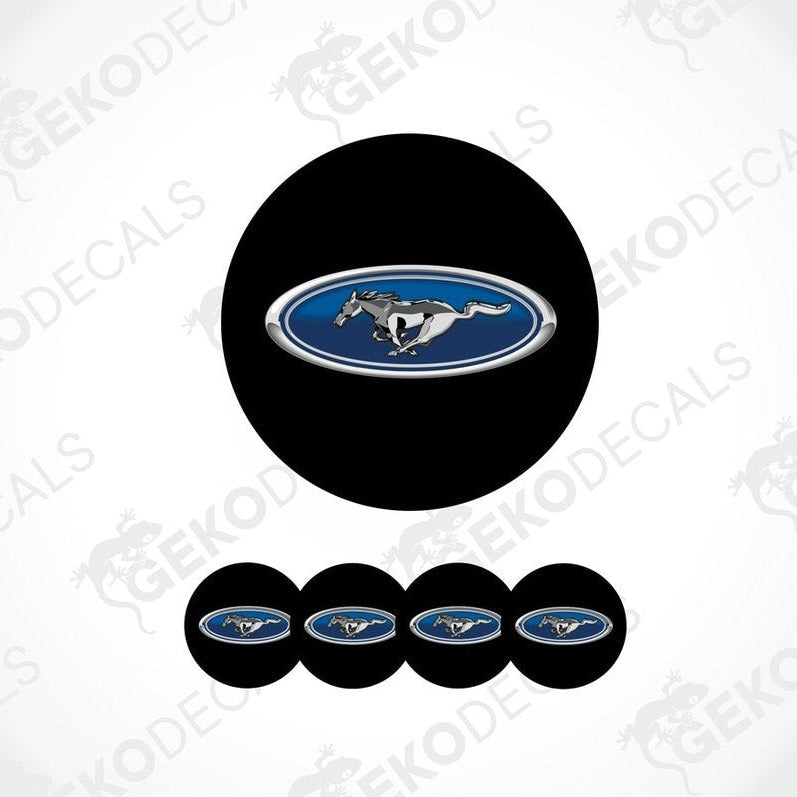 A set of four vinyl decals with a polyurethane coating, featuring the Ford Mustang logo, displayed on a white background.