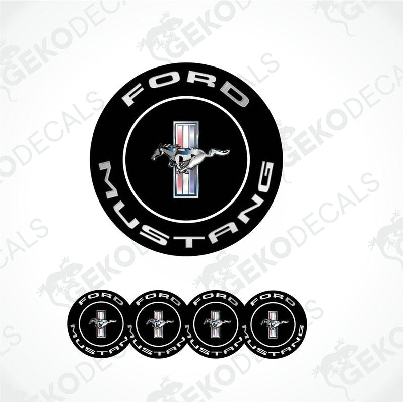 A set of four black, white, and red Ford Mustang wheel decals.