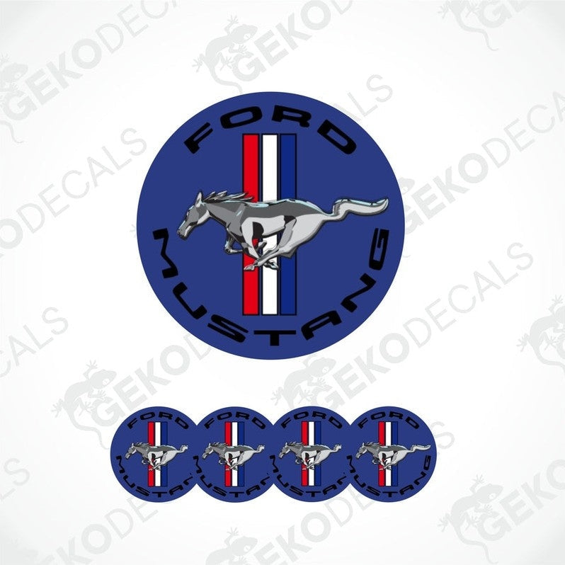 A set of round car decals featuring the Ford Mustang logo with a blue background, a red stripe, and a white mustang horse.
