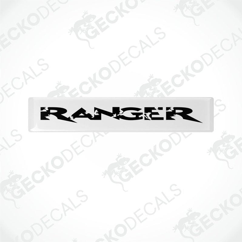 White vinyl stickers with the word 'RANGER' in black text, placed against a white background.