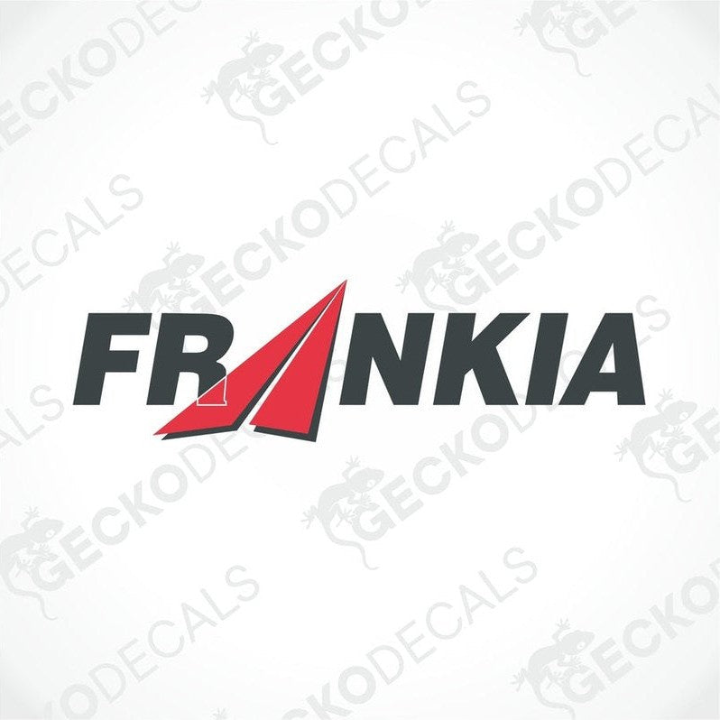 A die cut sticker with the brand name FRANKIA printed in red and grey letters.