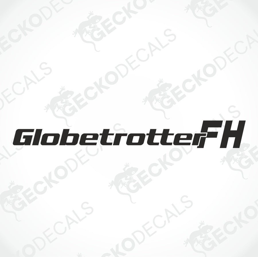A die cut decal with the text 'Globetrotter FH' displayed on the front of a truck windshield.