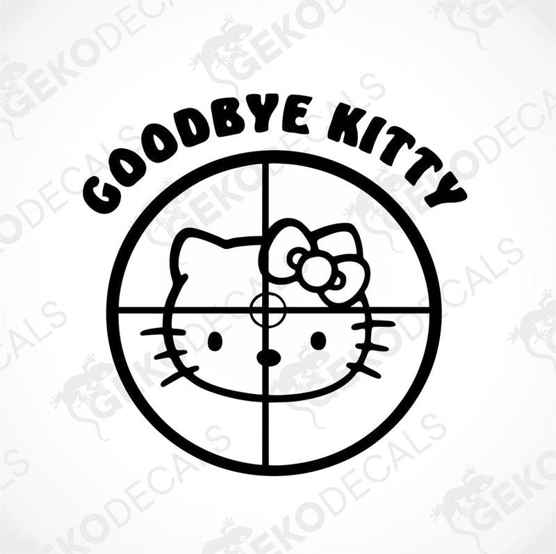 A black and white sticker with the text 'GOODBYE KITTY' and a depiction of Hello Kitty inside a circle with a target-like pattern.