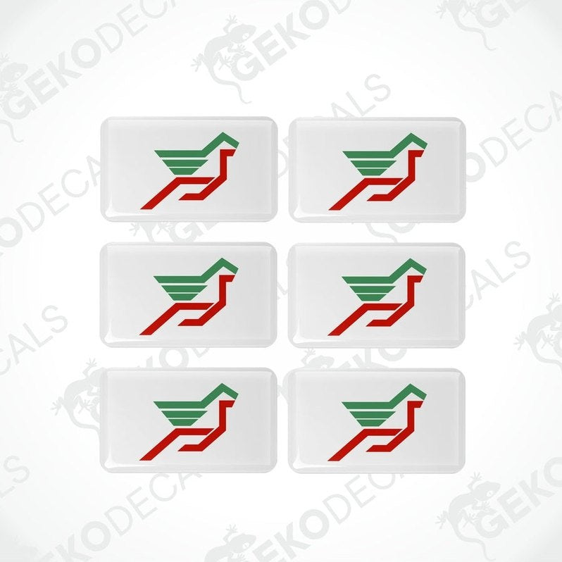 A set of six white vinyl stickers with a green and red geometric design, branded with 'GeckoDecals'.