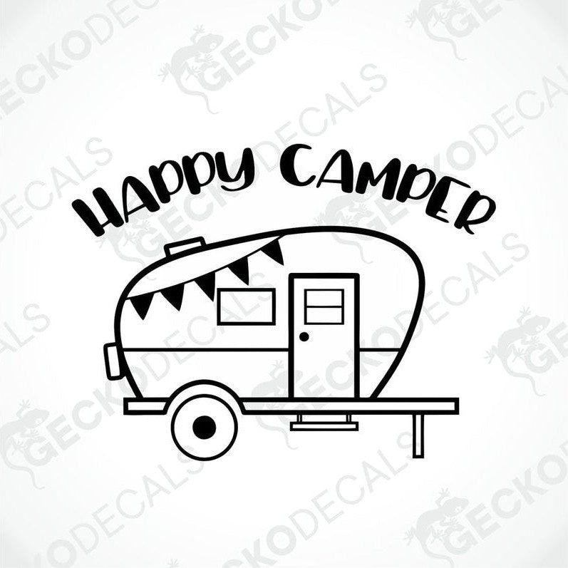 Happy camper die cut decal with vintage trailer and bunting design