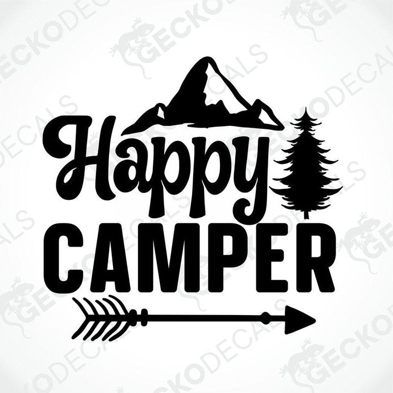 Black Happy CAMPER die-cut decal with mountain tree arrow design for car or laptop