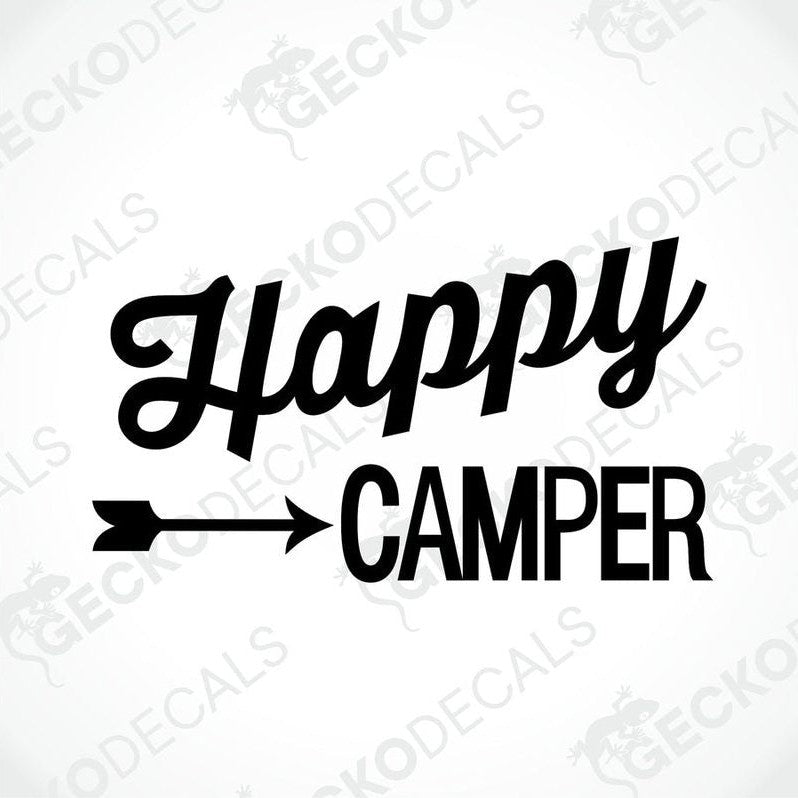 Black Happy Camper die-cut decal with arrow text for camper interior or exterior