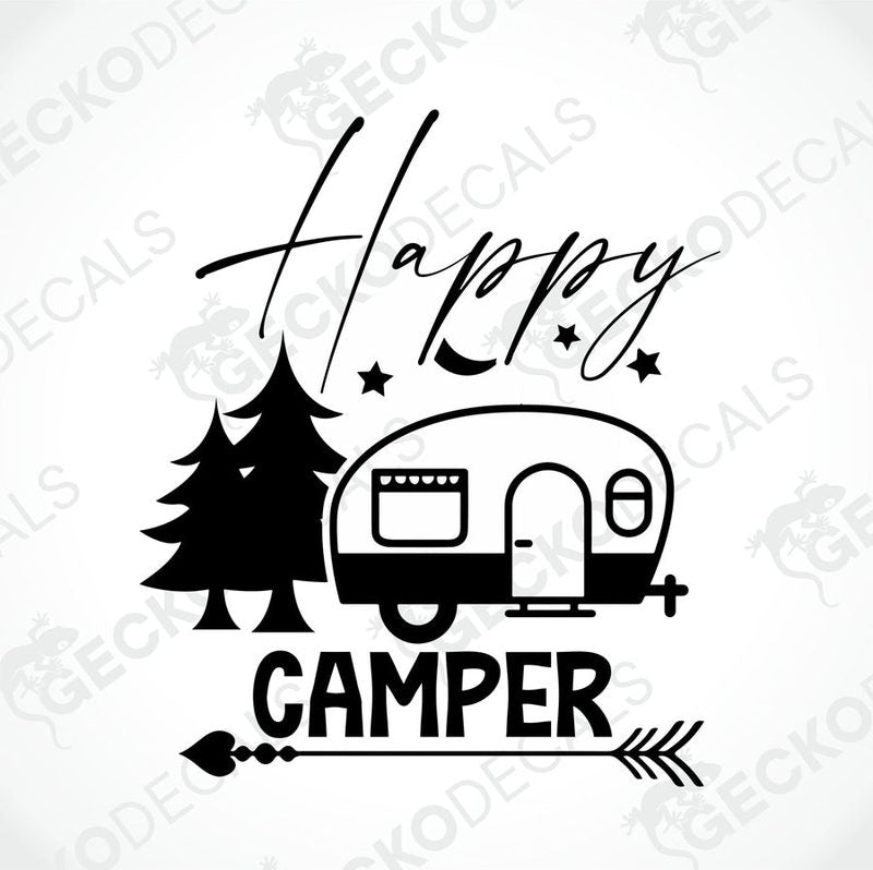 Black Happy Camper die-cut decal with retro trailer, trees and arrow on transfer paper