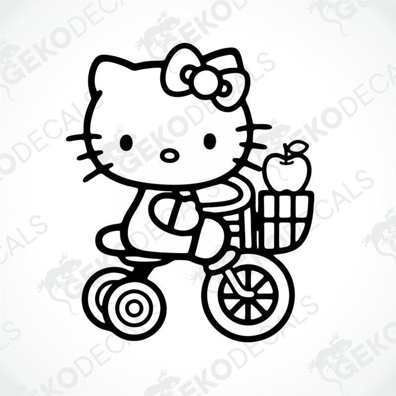 A black and white line drawing of Hello Kitty riding a bicycle with an apple on the handlebar.