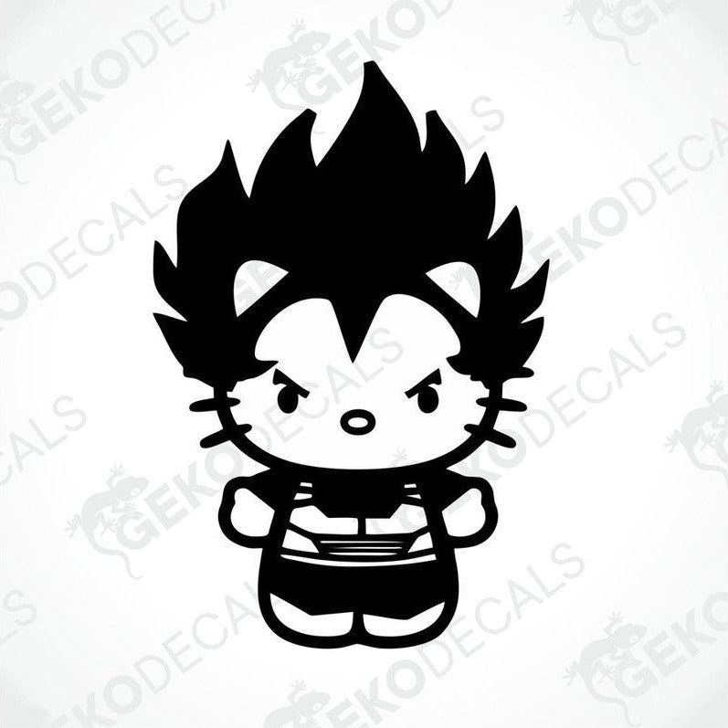 A black and white sticker of Hello Kitty with a fierce expression, designed for use as a car decal.