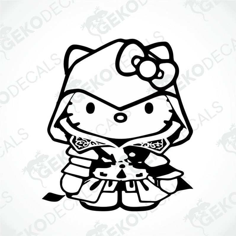 A black and white sticker of Hello Kitty wearing a costume resembling a samurai.