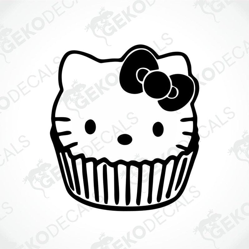 A black and white image of a Hello Kitty sticker, with a bow on top of her head.