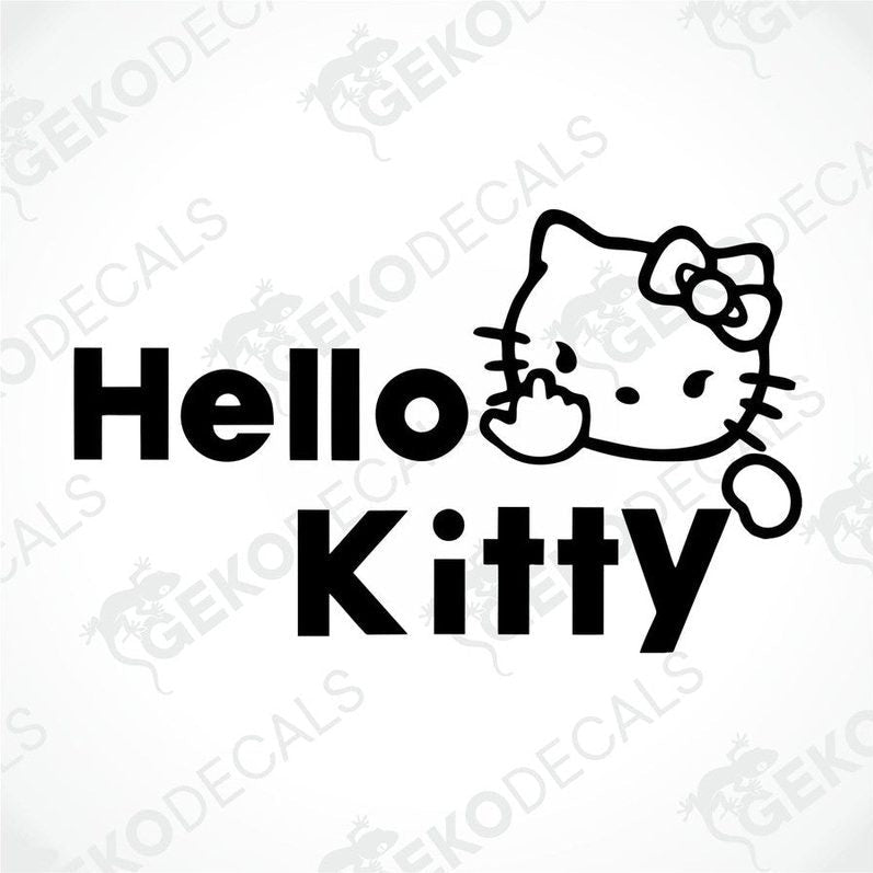 A black and white sticker of Hello Kitty making a peace sign.