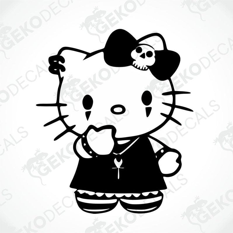 A die cut sticker of Hello Kitty with a black and white design, featuring Hello Kitty wearing a skull bow tie.