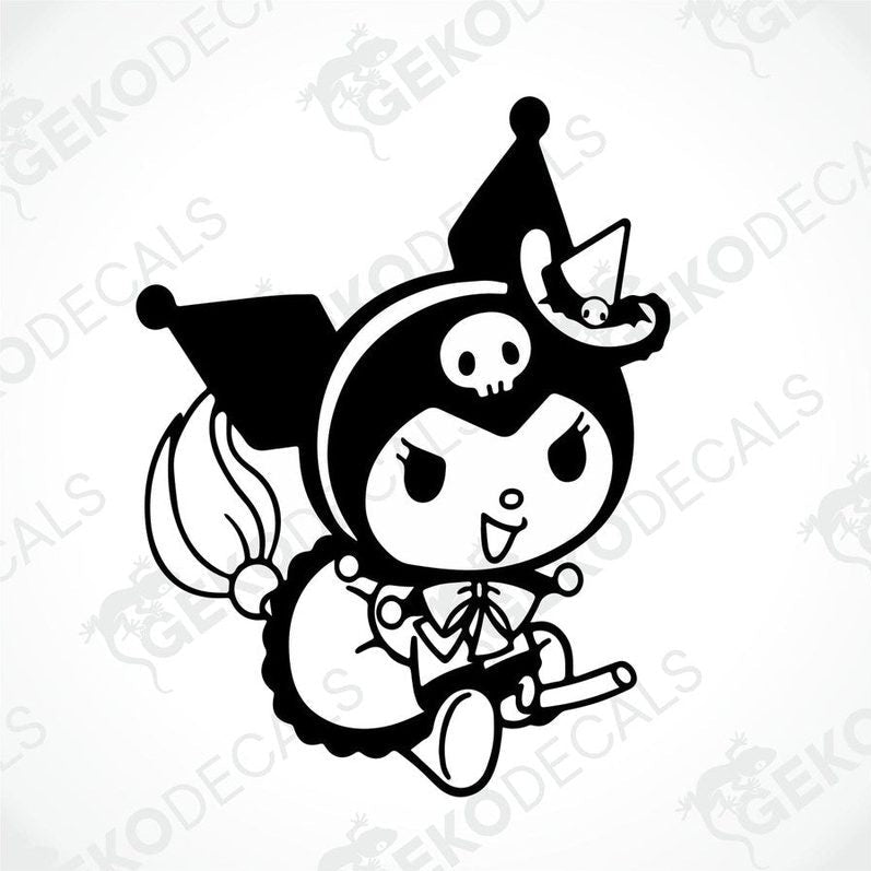 A die cut sticker of Hello Kitty character dressed in black with a skull motif, suitable for use on cars or other surfaces.