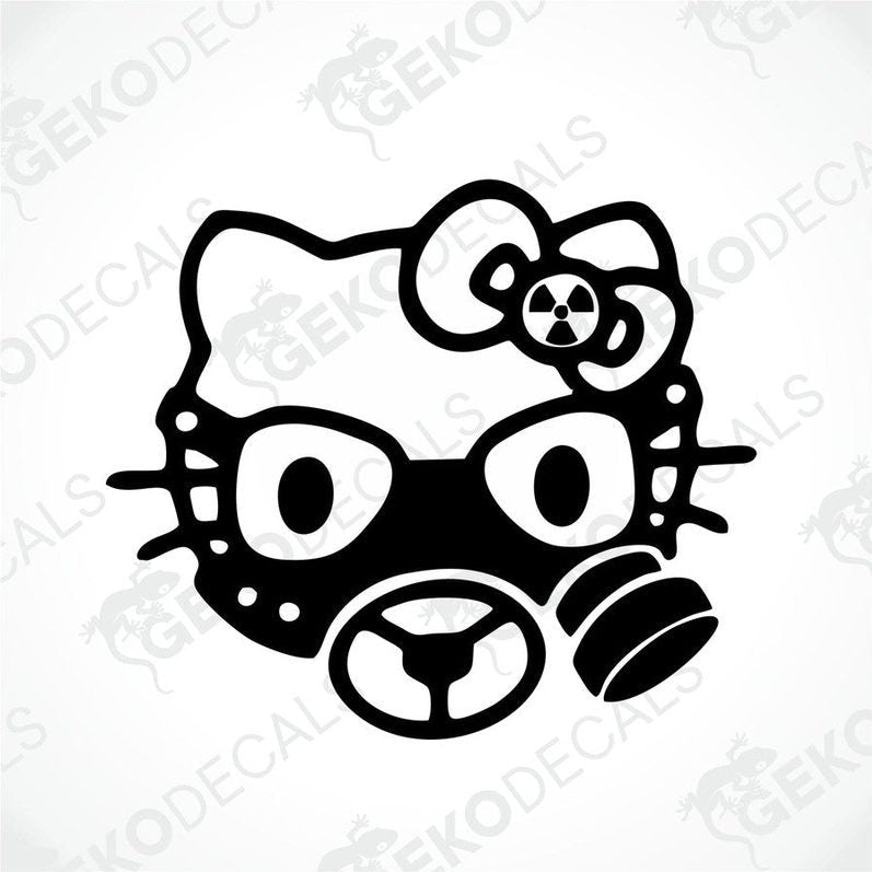 A die cut sticker depicting Hello Kitty with a steering wheel and gas mask design, primarily black in color.
