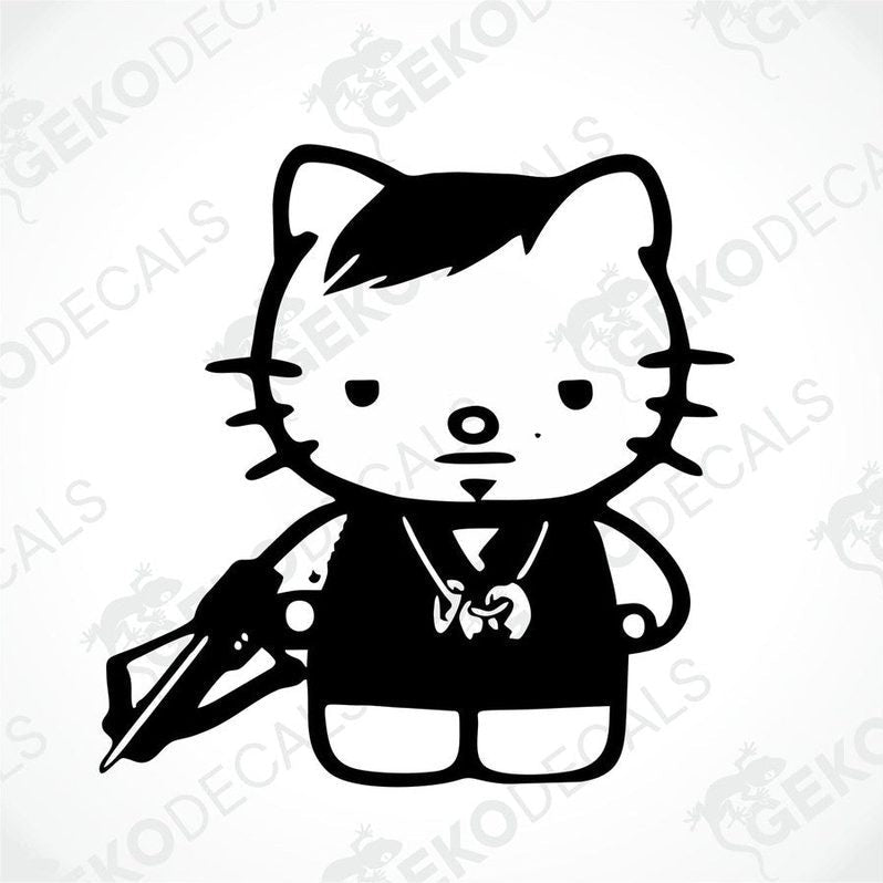 A black and white sticker of Hello Kitty holding a gun and wearing a tie.