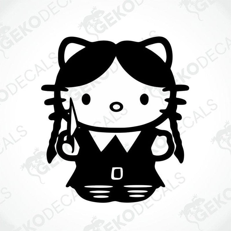 A die cut sticker depicting Hello Kitty wearing a school uniform, designed for use on cars or other surfaces.
