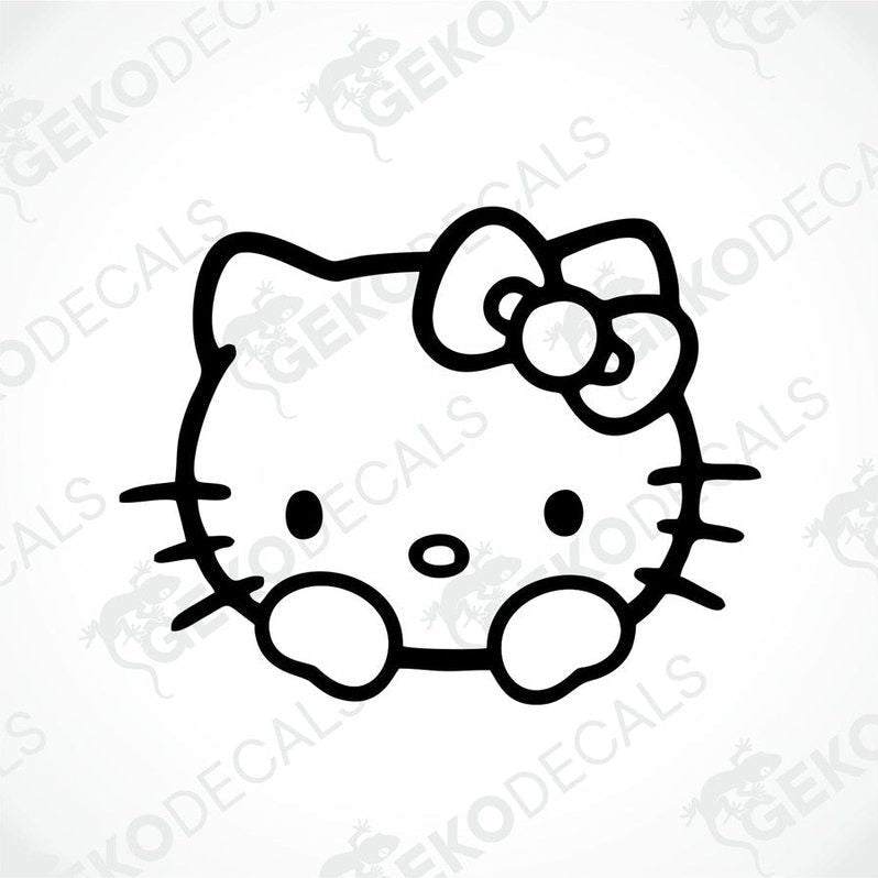 A black and white line drawing of Hello Kitty with a flower on her head.