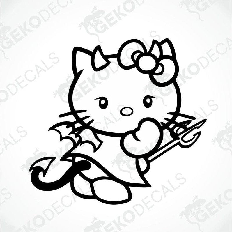 A black and white line drawing of Hello Kitty with a flower on her head and a cat tail with a fluffy end.