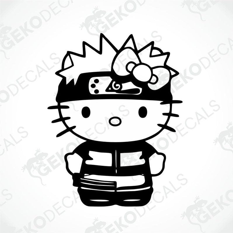 A die cut sticker depicting a stylized Hello Kitty character with a black and white color scheme, designed for use as a car decal.