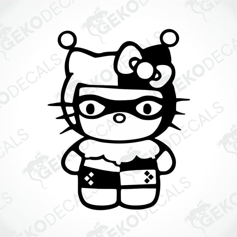 A black and white sticker of Hello Kitty with a cat face mask and a bow tie.