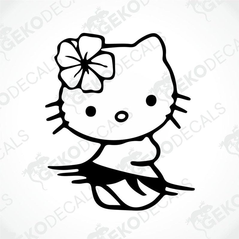 A die cut sticker of Hello Kitty with a flower on her head, intended for use as a car decal.