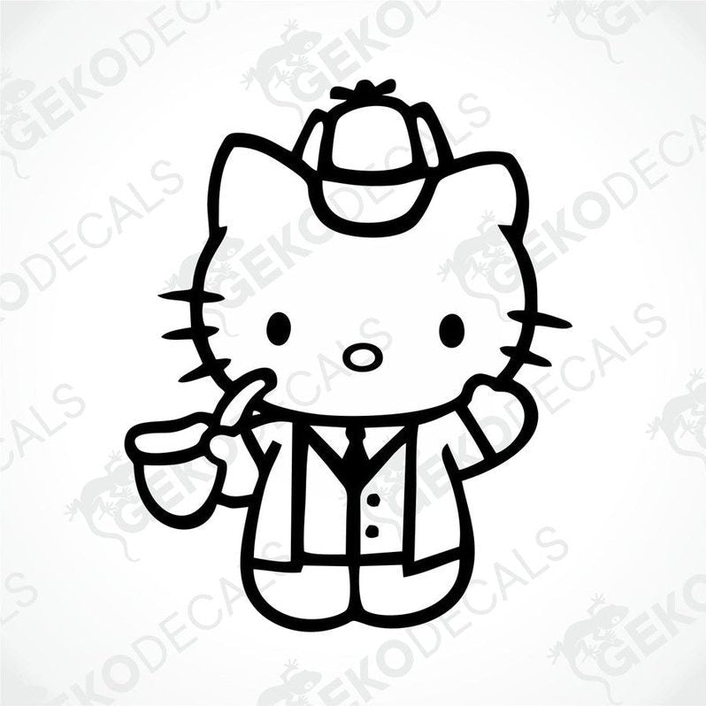 A die cut sticker of Hello Kitty dressed as a detective with a hat and coat.