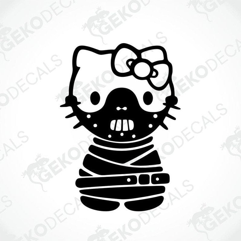 A black and white sticker of Hello Kitty wearing a gas mask and a bow.