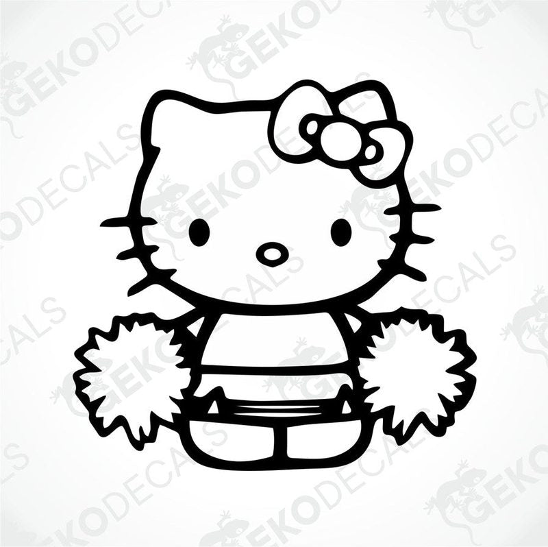 A die cut sticker of Hello Kitty character, black and white design, with a bow and cheerleading outfit.