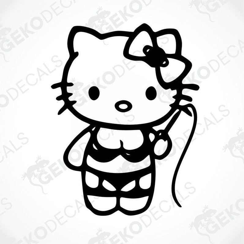 A die cut sticker of Hello Kitty character, predominantly black, with a bow and a fishing rod.