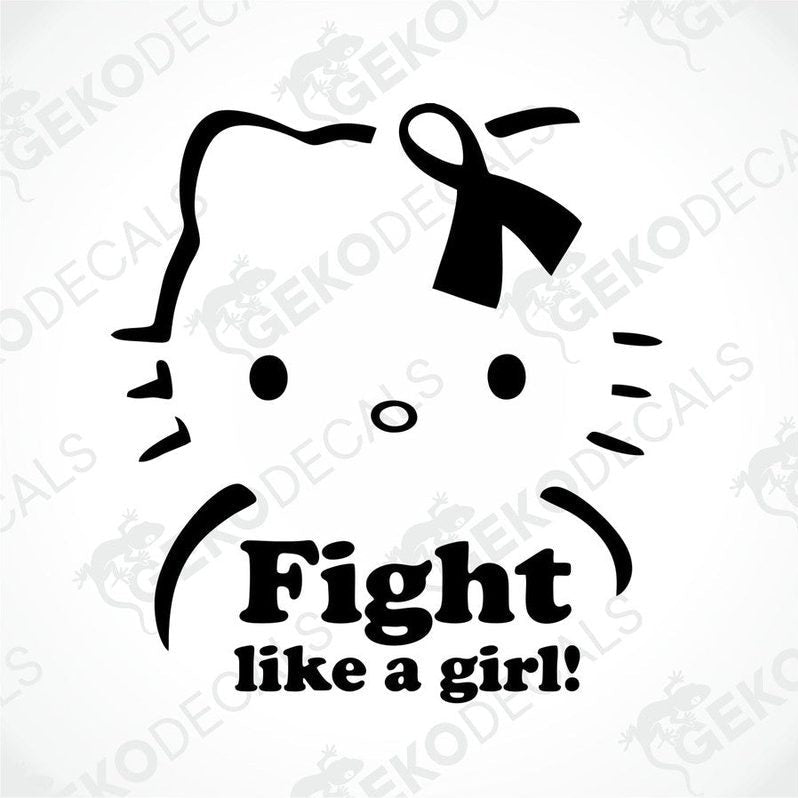 A die cut sticker of Hello Kitty with a 'Fight like a girl!' slogan, designed for use on cars or other surfaces.